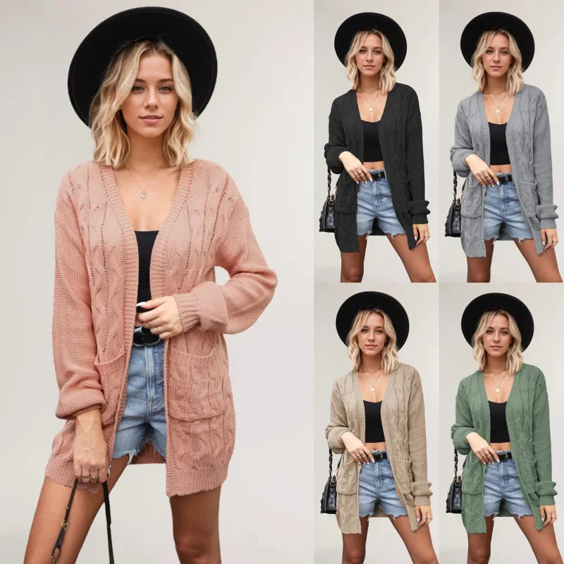 

2025 autumn and winter new European and American women's sweater solid color pocket sweater cardigan jacket