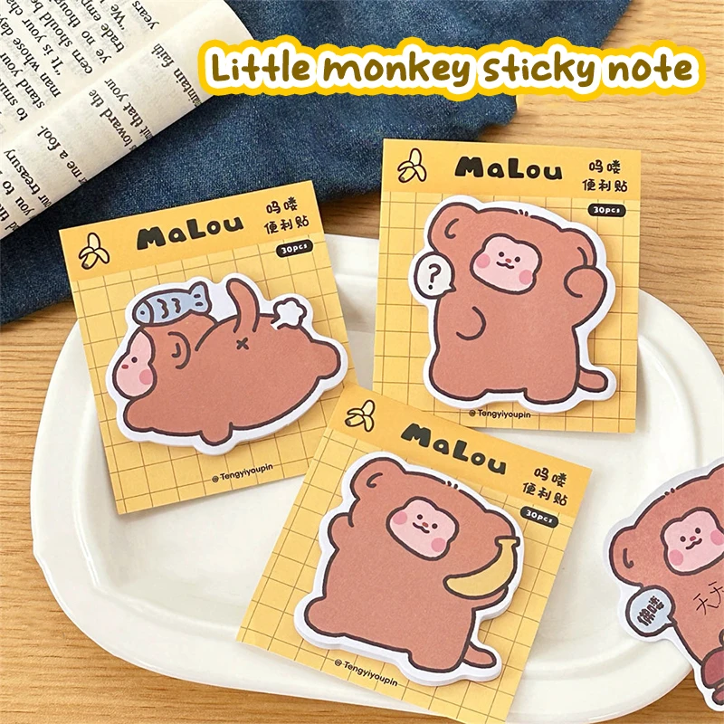 Cute Cartoon Monkey Sticky Notes, Animais Kawaii, Mensagem, Papelaria Estudante, Material escolar e de escritório, 30 Folhas