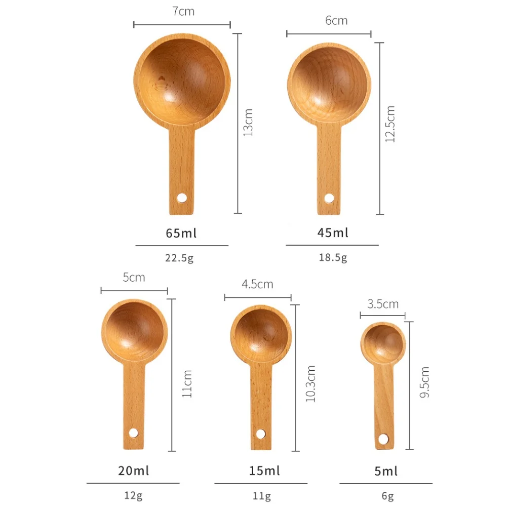 5 Piece Beech Wood Measuring Spoons Set for Kitchen For Baking Coffee Beans Flour Liquids Food Safe Natural Wood