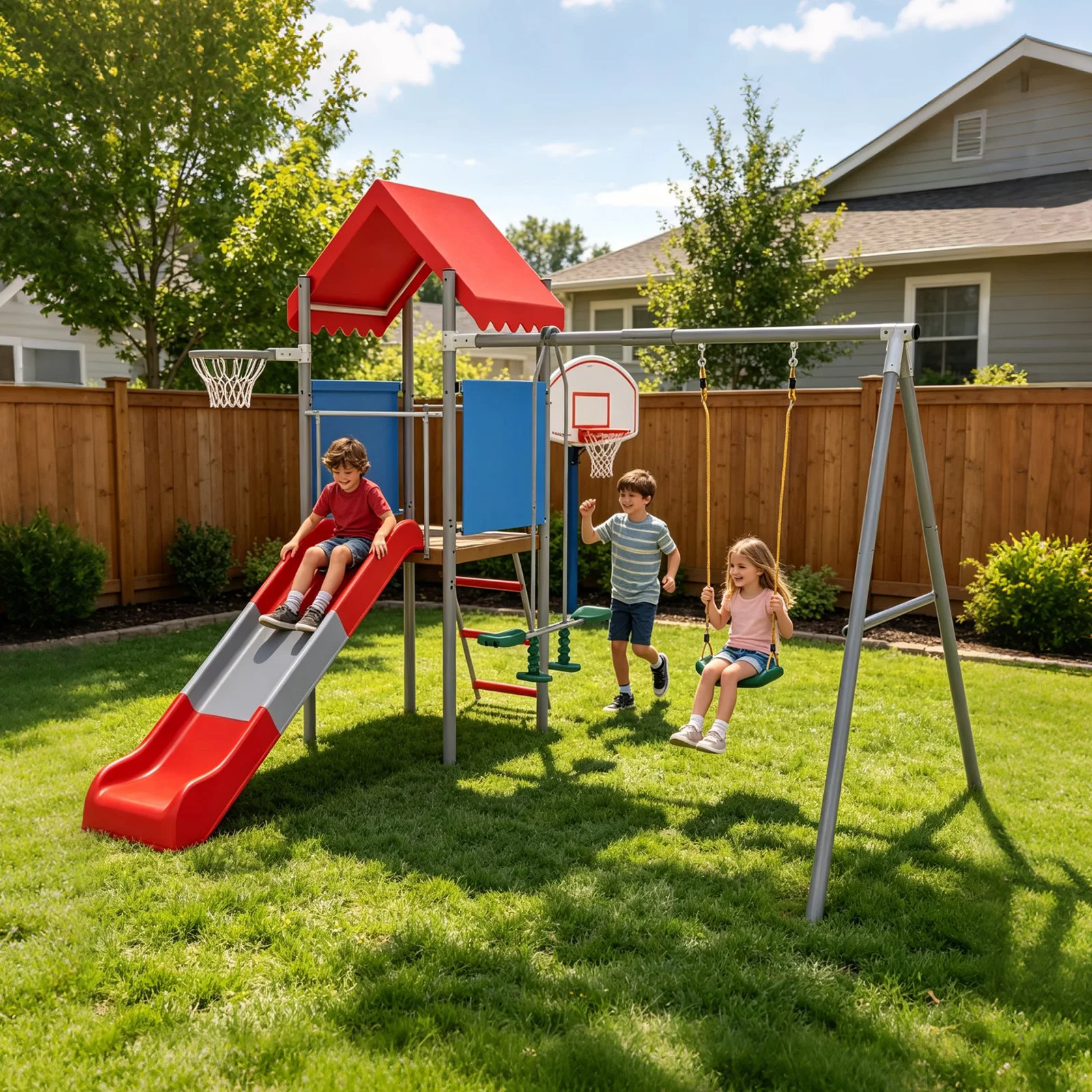 Kids Outdoor Swing Set With Slide - 5-in-1 metalen schommelset met glijbaan, overkapping,