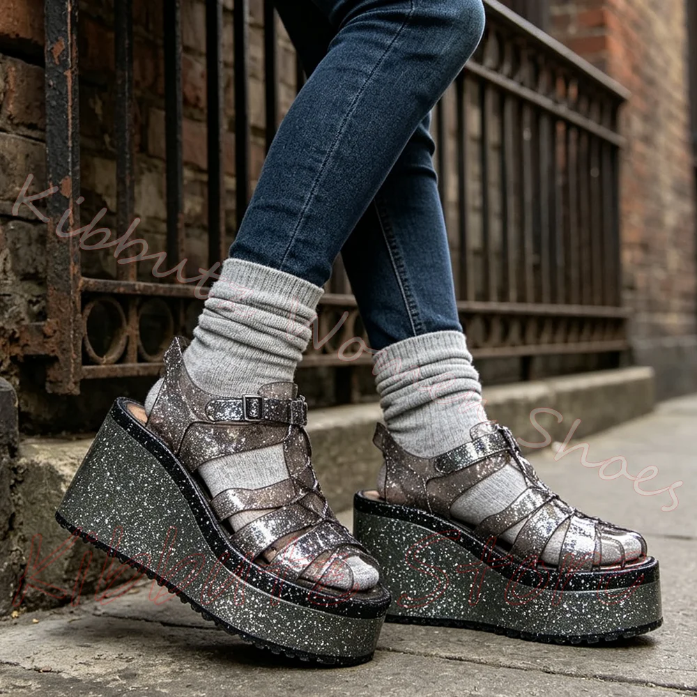 Platform Glitter Jelly Sandals Women Hollow Cage Ankle Buckle Strap Wedge Sole Transparent Beach Festival Casual Footwear Shoes view 6