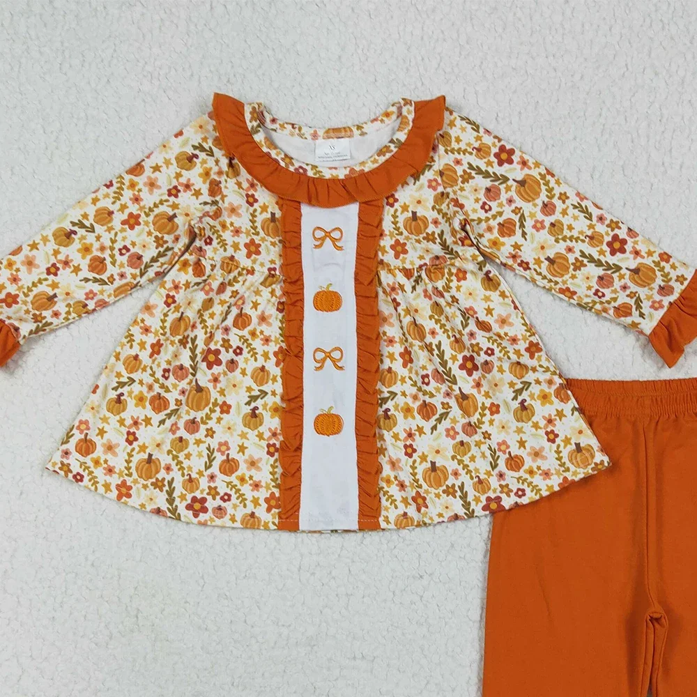 طفلة الملابس التطريز طفل الفتيات الخريف الزهور الانحناء القرع تونك كشكش السراويل مجموعات