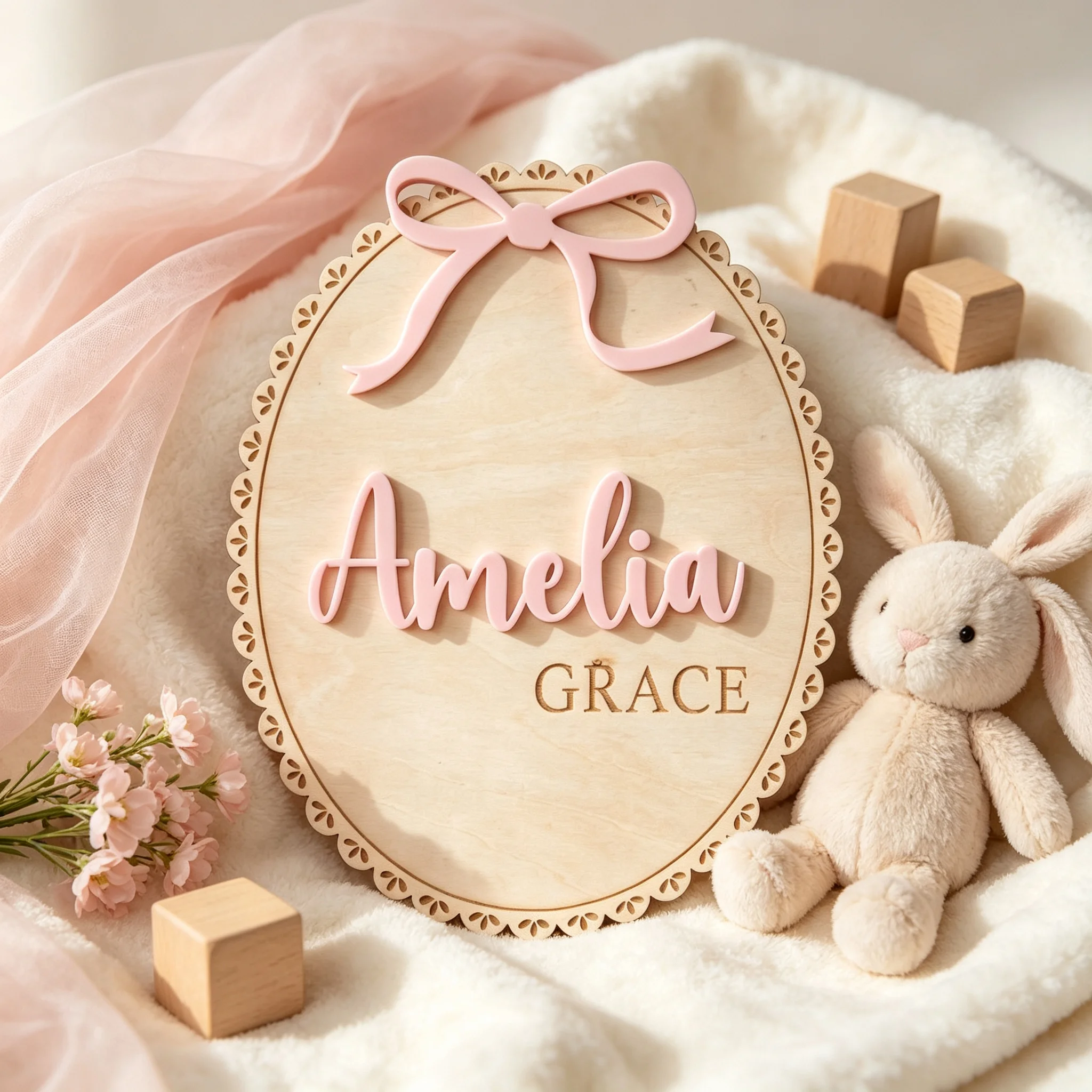 Baby Nursery Wall Decor - 1Pc Plakat Nama Bayi Kayu dengan