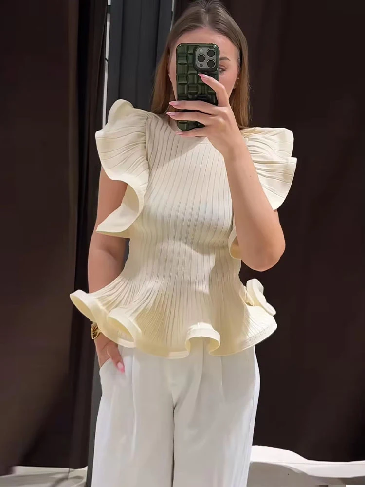 Women's Tops Knitted Ruffles Trim Sleeveless O-neck Waist Cinching Sweater Solid Vest 2026 Summer Casual Fashion Street Tops