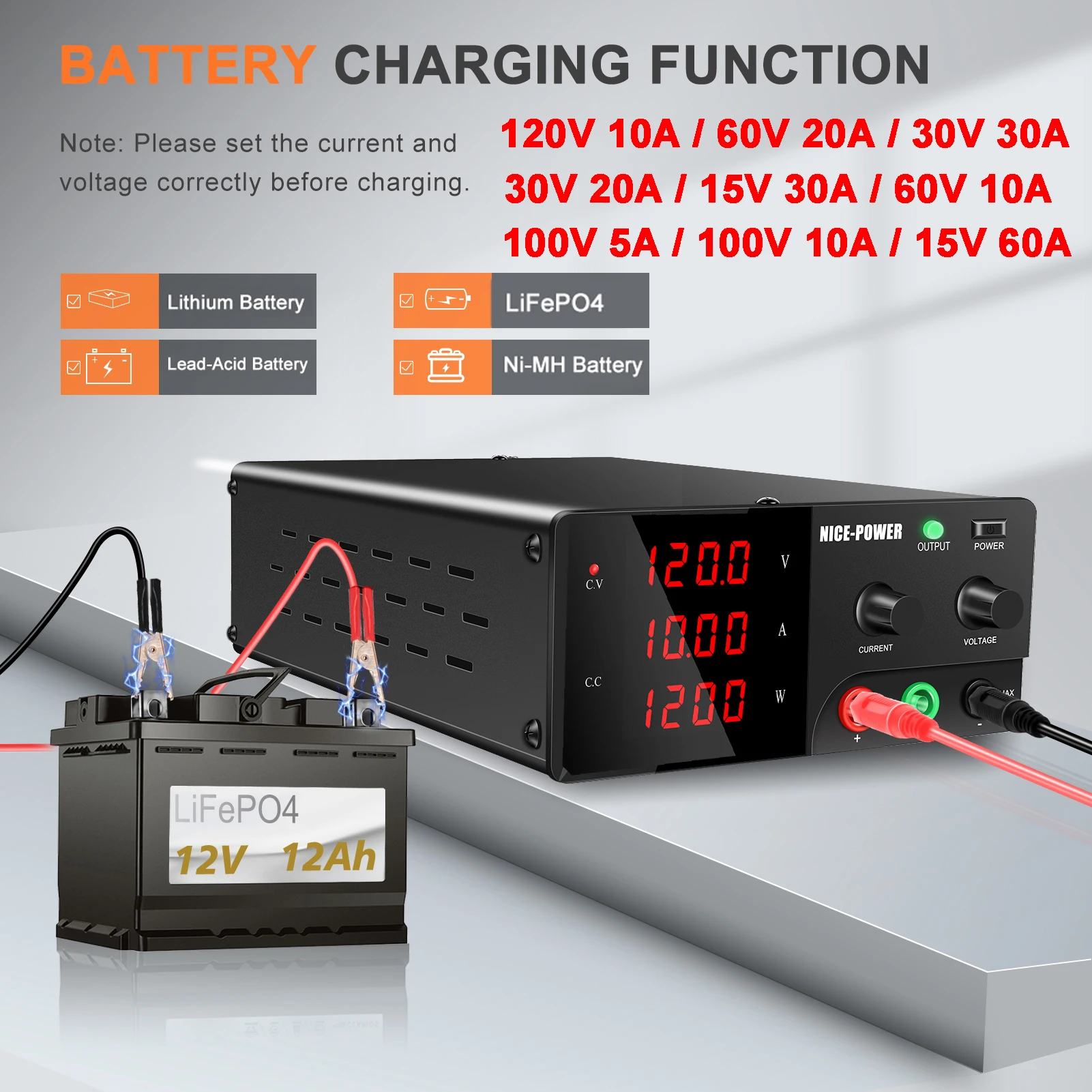 

120V 10A 1200W Adjustable Lab DC Power Supply 60V 20A Bench Power Source 30V 30A 20A Digital Power Supply For Batter Charging