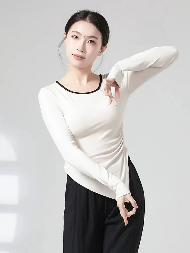 

Женский танцевальный топ с V-образным вырезом и длинными рукавами, однотонная балетная тренировочная одежда с неровным подолом