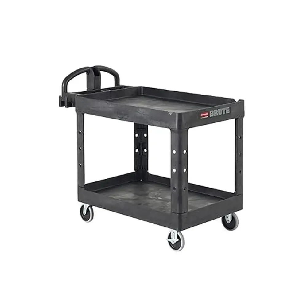 2-Shelf Utility Cart Heavy Duty Service Cart Rolling Cart Ergonomic Handle 500 Lbs Capacity Shock Absorbing Wheels Storage