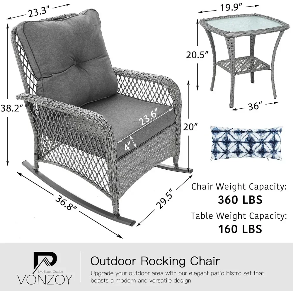 Patio Furniture Set 3 Pieces, Wicker Rocking Set with Thick Cushions, Outdoor Rocker Chairs and Coffee Table for Porch, Backyard