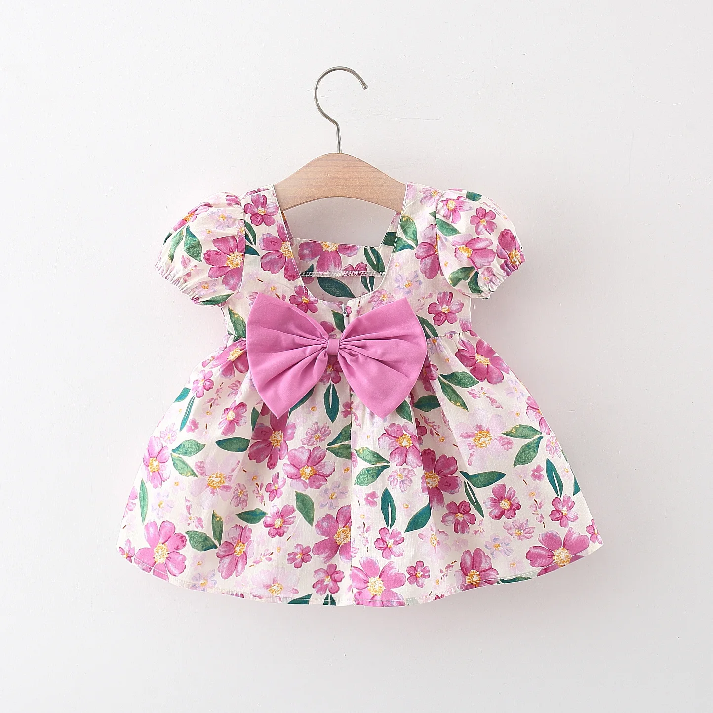 Baby Girl Summer Cotton Love Print Bow Small Square Neck Dress Girl Korean Fashion Bubble Sleeve Party Dress