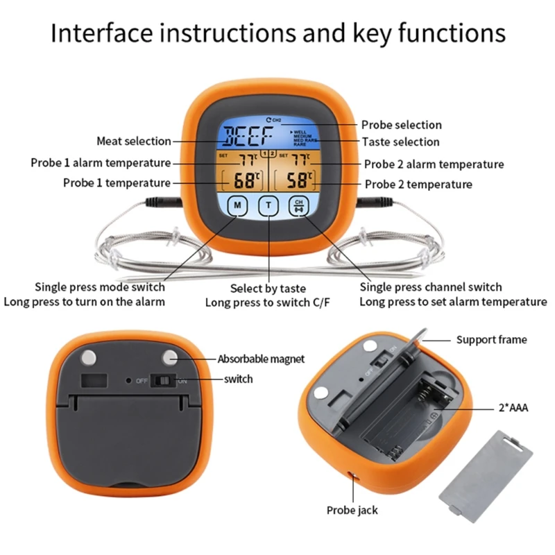 Digital Meat Thermometer With 2 Probes Alarm Backlight Magnetic Temperature Meter Compatible With Cooking Oven BBQ Grill