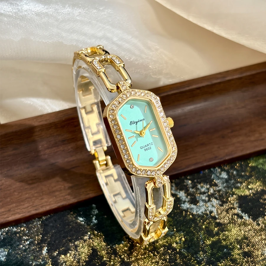 Retro Hexagon Diamond Dial Pin Clasp Strap Gold Watch for Woman