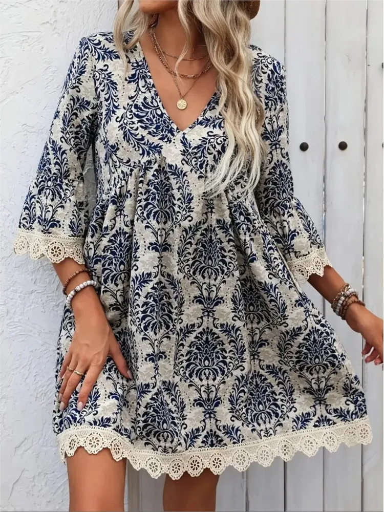 

2025 Summer Fashion Floral Printed Loose Mini Dresses Women Casual V Neck 3/4 Sleeve Lace Patchwork Beach Party Dress Vestido