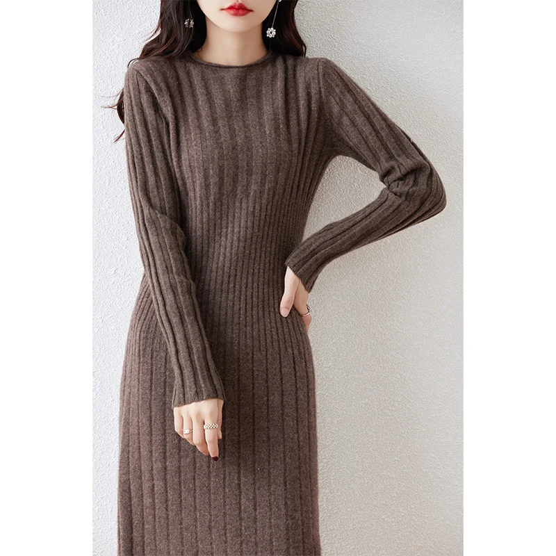 2023 Autumn Winter High Elasticity 100% Wool Thicken Sweater Dress Warm Basic Knitted Pullover Women Slim Dress Female Casual