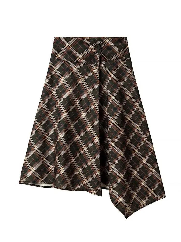 

HH 2026 Fashion Female High Waist Casual Elegant Skirt Women Plaid Midi Skirt Asymmetric Pleated Buttons Decoration Skirt