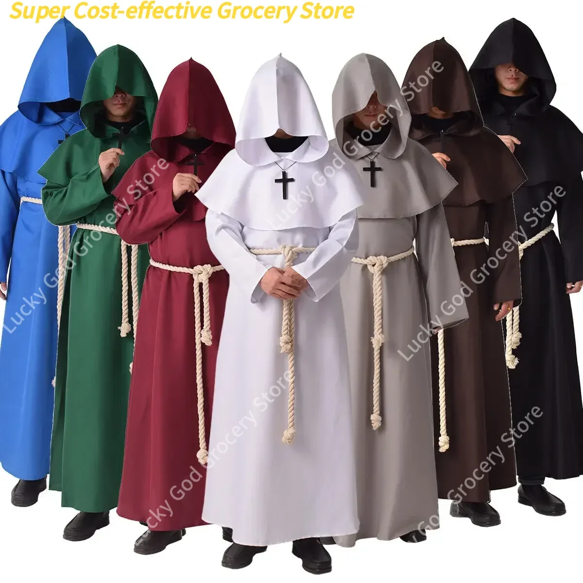 Robe de moine médiévale à capuche, Cape de prêtre, Costume de Cosplay d'halloween, masque de Cape Punk fantaisie de magicien