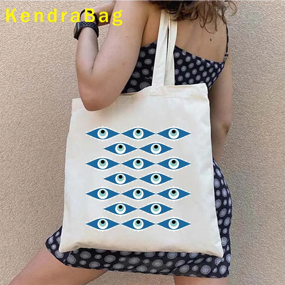 Greco Evil Eye Mati Blue White Lucky Charm Flower Nazar amuleto cuore grecia tela colorata Totes Bag Harajuku Shopper borse