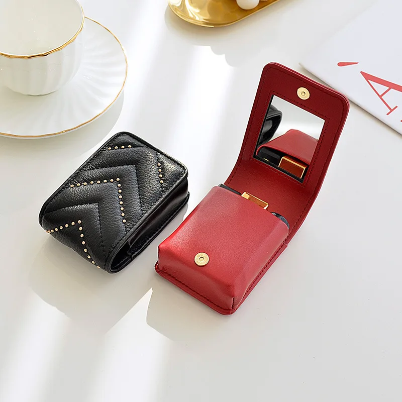 Genuine Leather Lipstick Bag for Women 2022 New Mini Portable Lipstick Storage Bag with Mirror Fashion Cosmetic Bag Makeup Bag