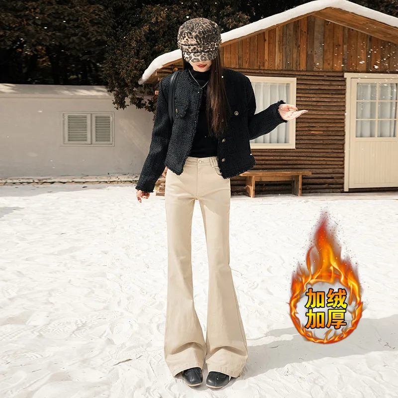 

Винтажные джинсы на флисовой подкладке для женщин, осень-зима 2026, с низкой посадкой, цвета хаки, не облегающие, расклешенные брюки