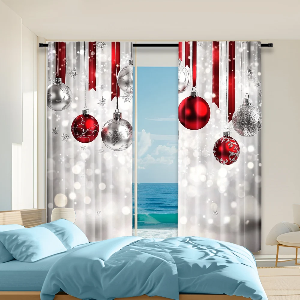 

2Pcs Christmas Theme Window Curtain Digital Printed Window Drape For Festive Home Decor Rod Pocket Design For Easy