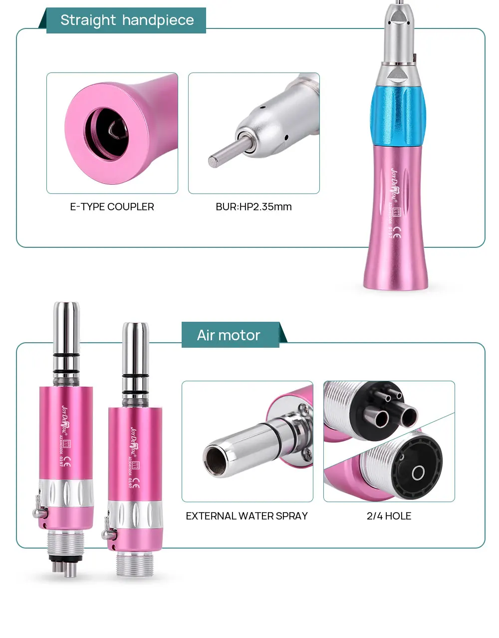 JOY DENTAL Dental Color Handstück-Set mit hoher und niedriger Geschwindigkeit, Druckknopf, Winkelstück, Einweg-Wasserspray, Luftturbine, 2/4 Löcher – Detail 4