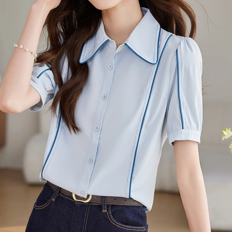 

QOERLIN 2024 New Short Sleeve Summer Women Shirts Office Ladies Workwear Single-Breasted Loose Tops Button Up Blouse Elegant Top