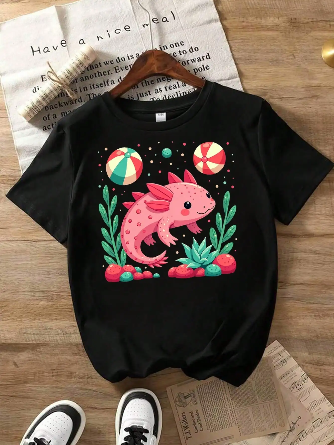 

Милая мексиканская хлопковая футболка с рисунком аксолотля, черная футболка с забавным аксолотлем и водными растениями