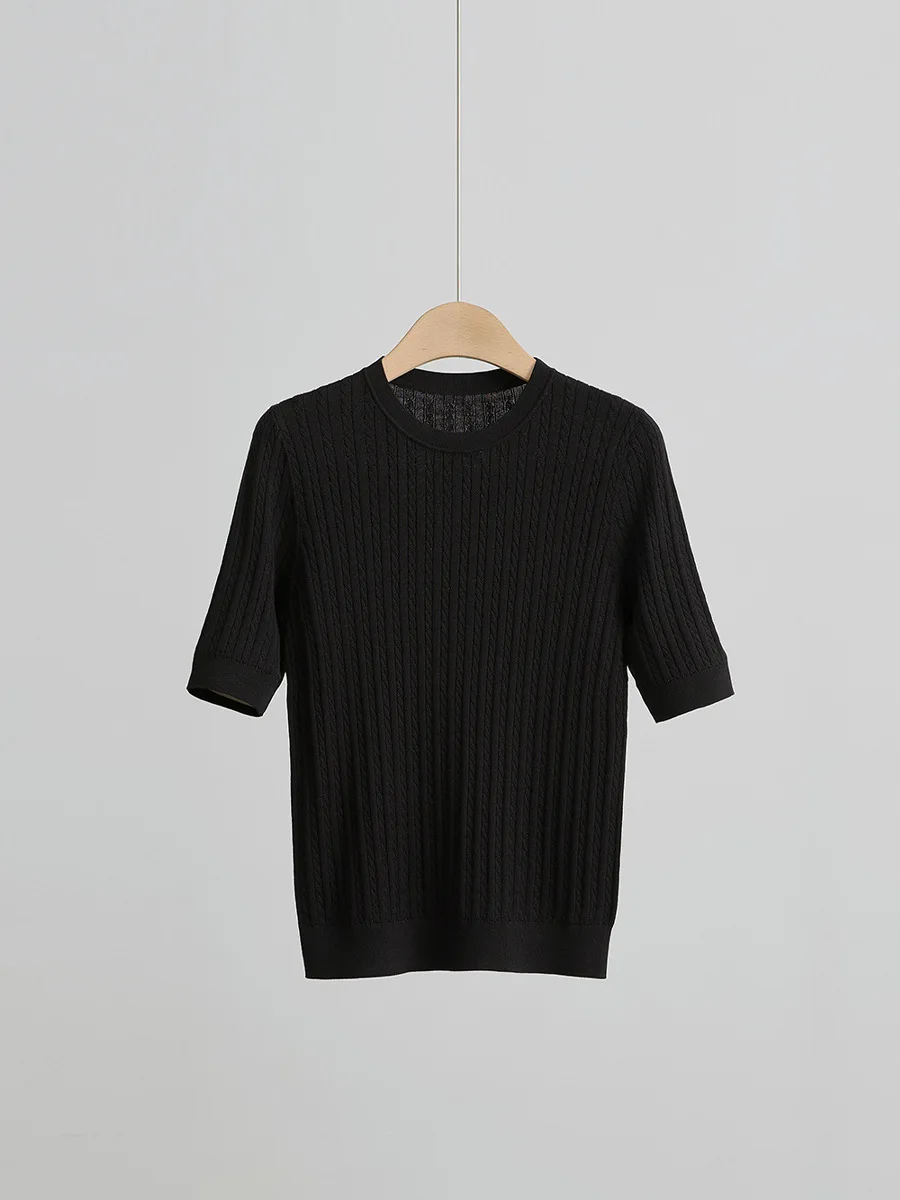 MadBlack-80%Silk 20%Cotton Elegant T-Shirt, Half Sleeve O Neck, Women Basic OL Casual Knit Thin Tops, 2026 Summer New T63042CC