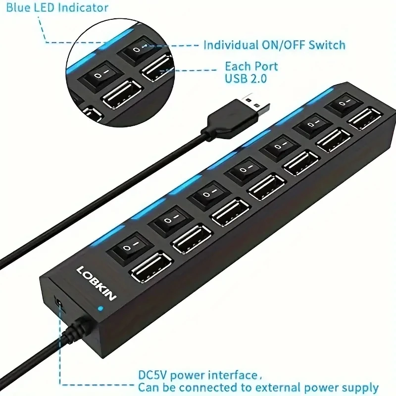 High Speed 4/7 Ports USB HUB 2.0 Adapter Expander Multi USB Splitter Multiple Extender with LED Lamp Switch for PC Laptop