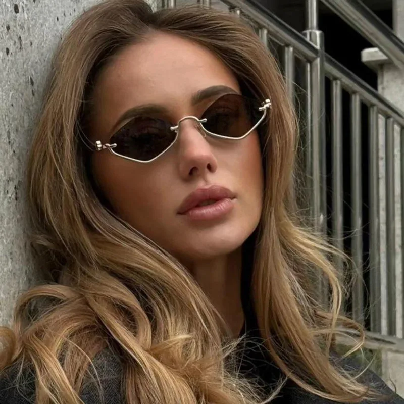 Mode Kleine Polygonale Sonnenbrille Frauen Marke Metall Halb Rahmen Gläser Damen Hipster Sexy Cat Eye Shades Vintage – Detail 1