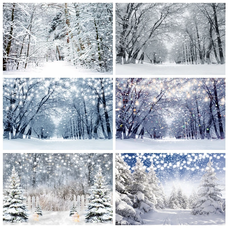 Winter Photography Backdrop Glitter White Snow Forest Pine Tree Christmas Holiday Party Decor Background Photo Studio Props