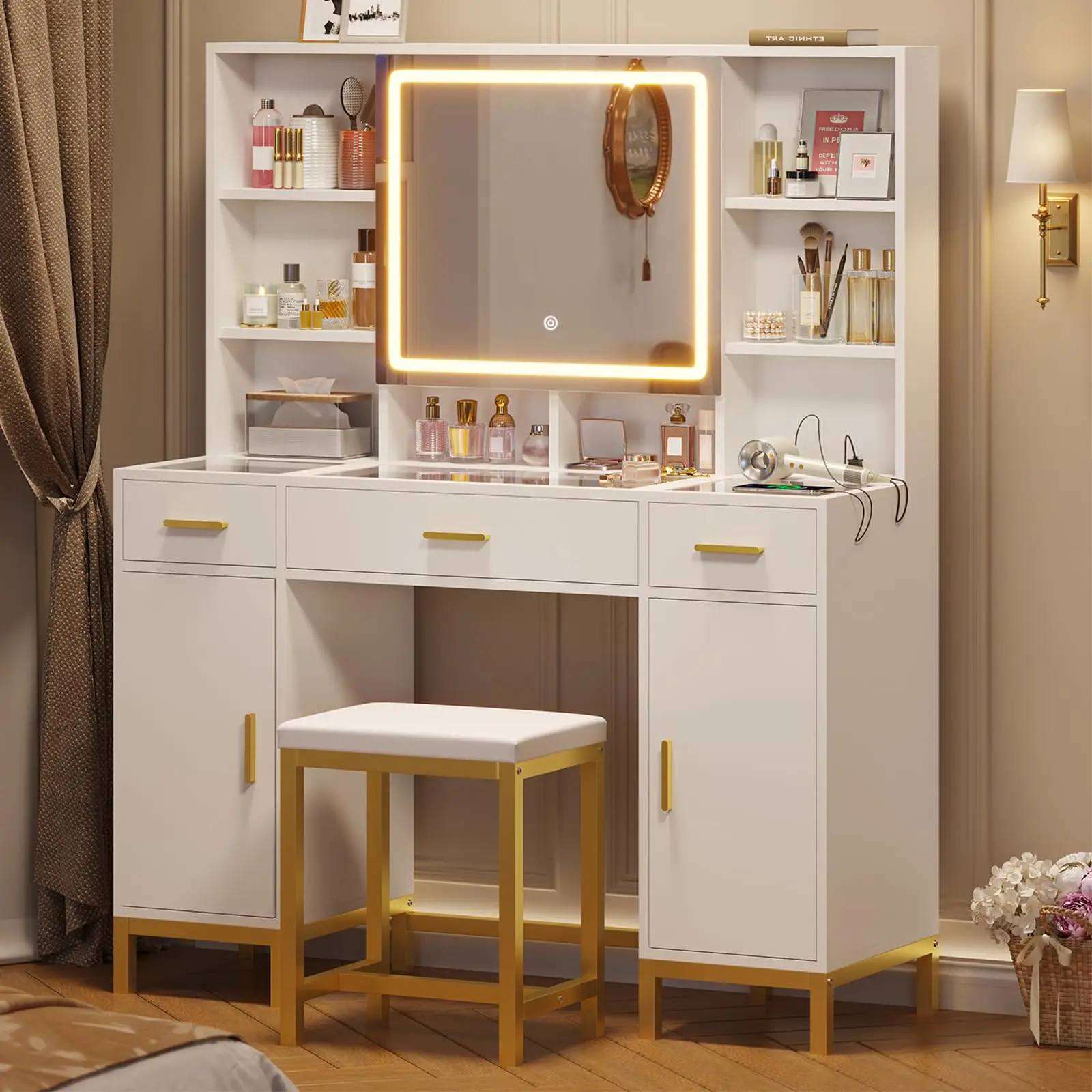 Desk with Openable Mirror and Lights, Glass Tabletop Makeup Set with Charging Station, White Table with 3 Ders & 2