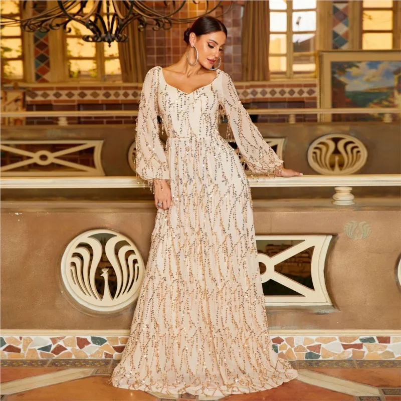 European and American Long Sleeve Graceful Collar Long Sequined Party Dress Large Swing Dress for Women