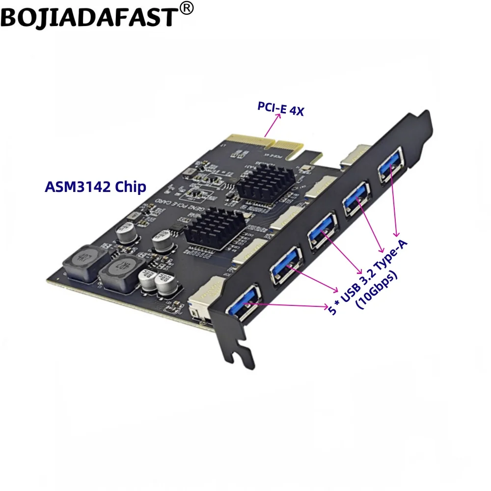 2026 New 5 Ports 10Gbps USB 3.2 Type-A Connector PCIe X4 PCI-E 4X Expansion Adapter Card