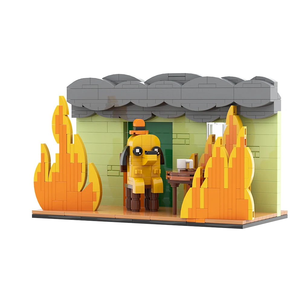 

Gobricks MOC This Is Fine-Meme Vignette Набор блоков Аниме Мультфильм Гонч Собака Пламя Стул Комические Животные Креативная Модель Кирпич Подарок
