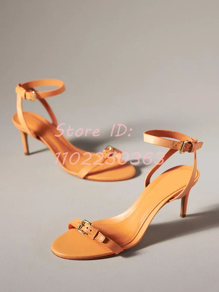 Classic Brown Buckle Strap Stiletto Sandals Vintage PU Round Open Toe Thin High Heels 2024 Summer Women Dress Concise Shoes