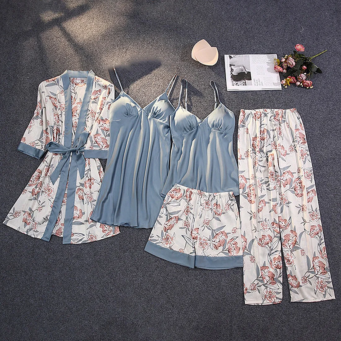 

Luxury 5-Piece Lounge Set - Deep V Camisole + Shorts/Pants/Maxi Dress + Robe | Stretchy Floral Lingerie-Inspired Sleepwear