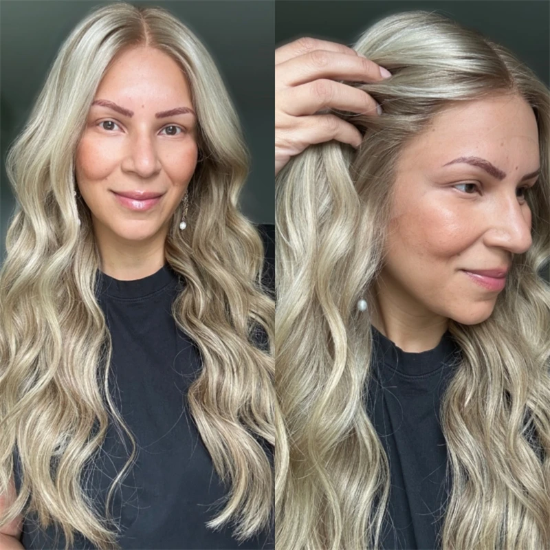 

Ombre Ash Blonde Synthetic Wig 13x4 Free Part HD Lace Front Wig Blonde Front Lace with Dark Root High Density Wig For Women 28''