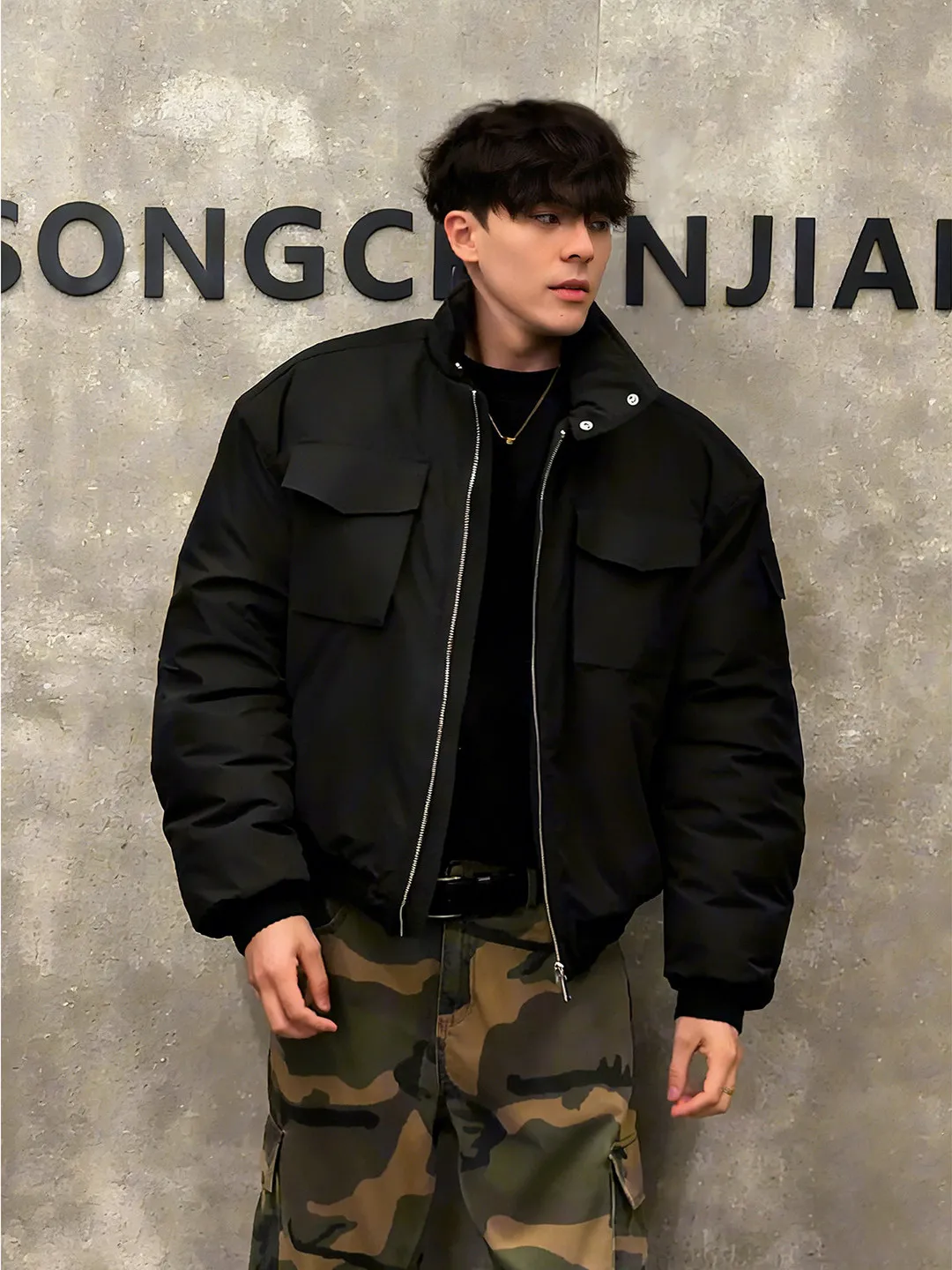 

Thiened Bla Bomber Cotton Jaet Men's Winter Warm Flight Jaet Stand Collar Long Sve Youth Faion Polyester