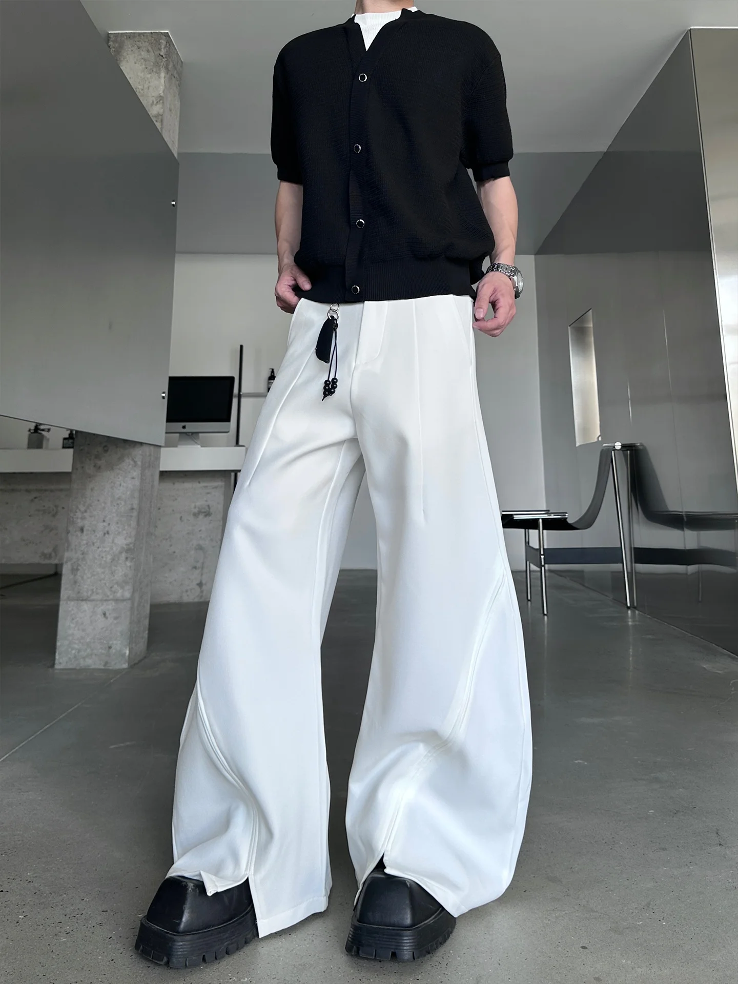 MARTHENAUT Pure Color Asymmetrical Knife Pleat Pants Drapey Loose Wide Leg Trousers Youthful Casual Polyester Spandex Blend
