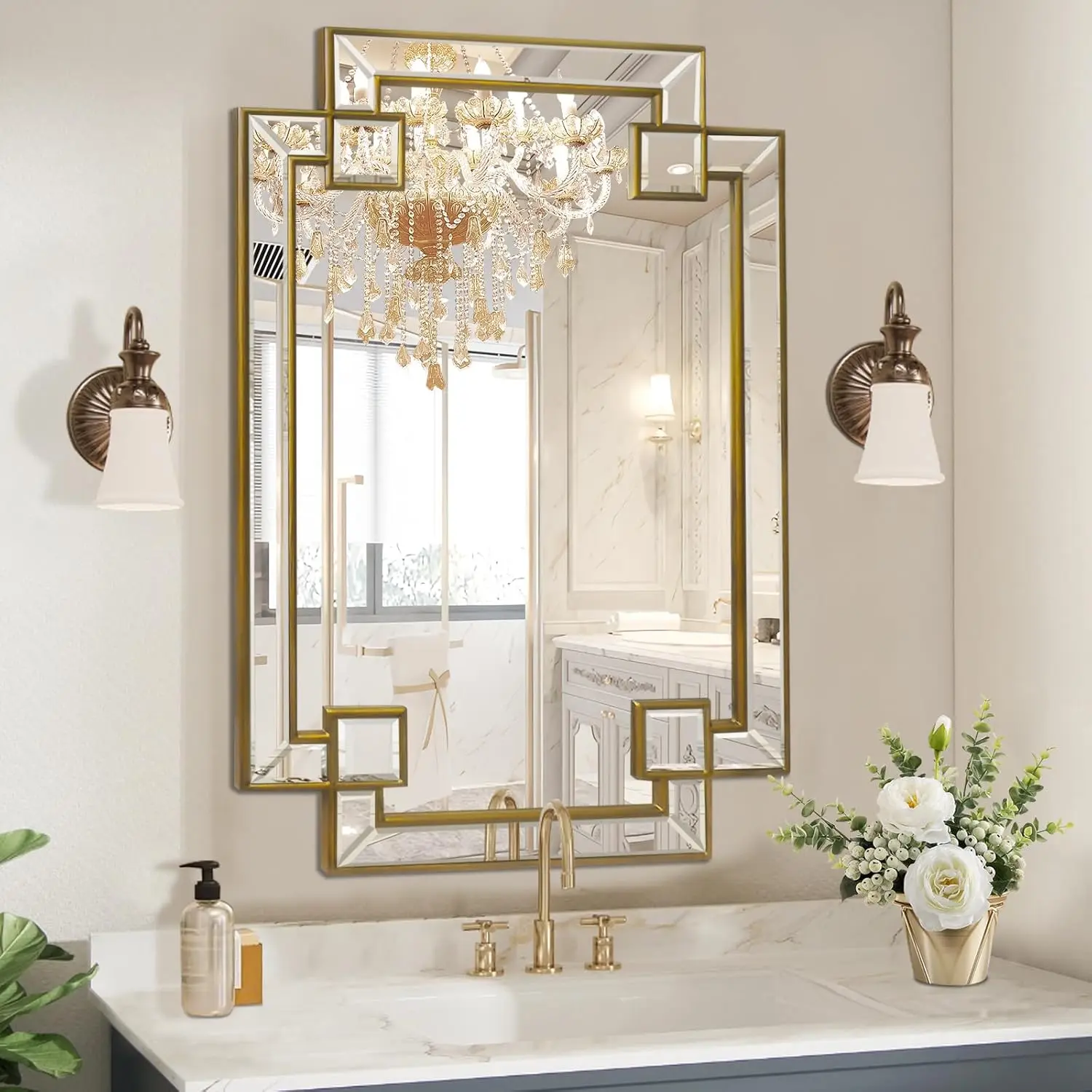 Antique Gold Mirror For Bathroom, 24X36 Inch Rectangle Bathroom Vanity Mirror For Over Sink, Modern Decorative Mirror For
