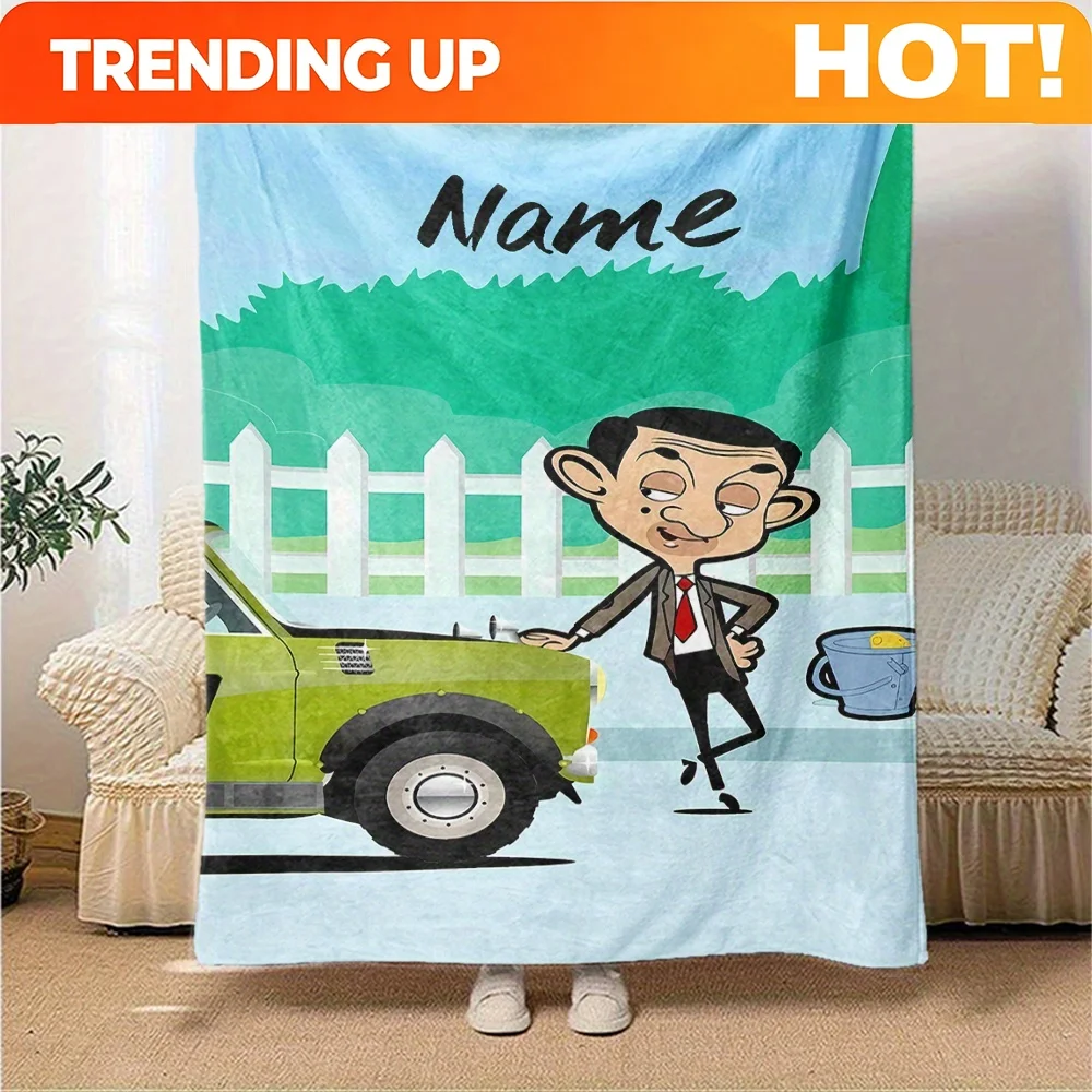 Customize 1pc Mr. Bean with Green Car and Bucket Flannel Blanket - Soft and Cozy Custom Name Gift for All Holidays, Home Decor,
