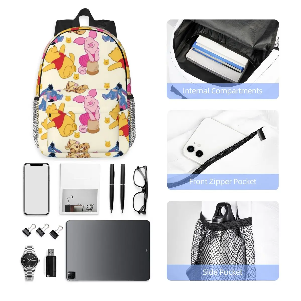 Pooh Bear New Fashionable Pattern School Bag Print Lightweight Backpack 15inch