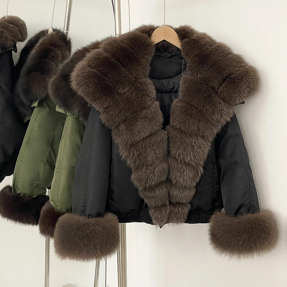 

Women Reality Fur Coat Down Jacket Warm Parker Duck Down Coat Winter Fashion Female Real Fox Fur Cuffs Short Puffer Jacket