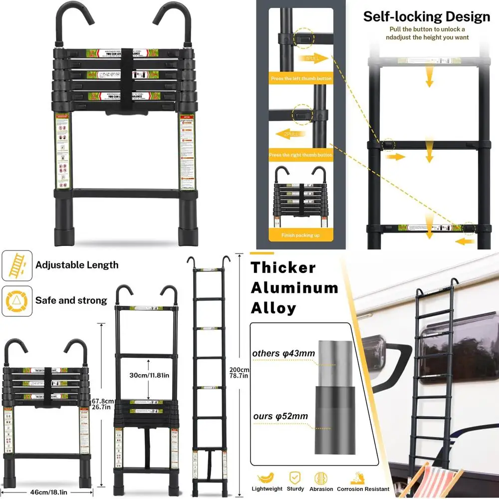 บันไดอลูมิเนียมพับได้แบบพกพา 6.5 ฟุต, ฐานกันลื่น, ตะขอแข็งแรง, เหมาะสำหรับใช้ในบ้านและกลางแจ้ง