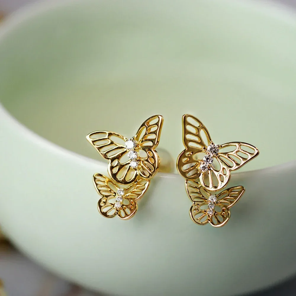 Newly Designed Double Butterfly Design Stud Earrings Women for Wedding Hollow Out Exquisite Accessories Fashion Jewelry