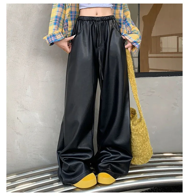 black PU leather casual pants women's autumn and winter high waist slimming straight leg  loose wide leg floor pants