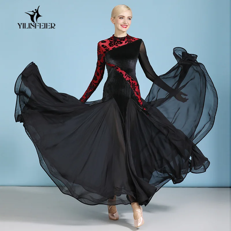 

Women Adult Modern Dancewear Print Velvet Mesh Waltz National Standard Social Practice Dress Ballroom Dance Competition Dresses