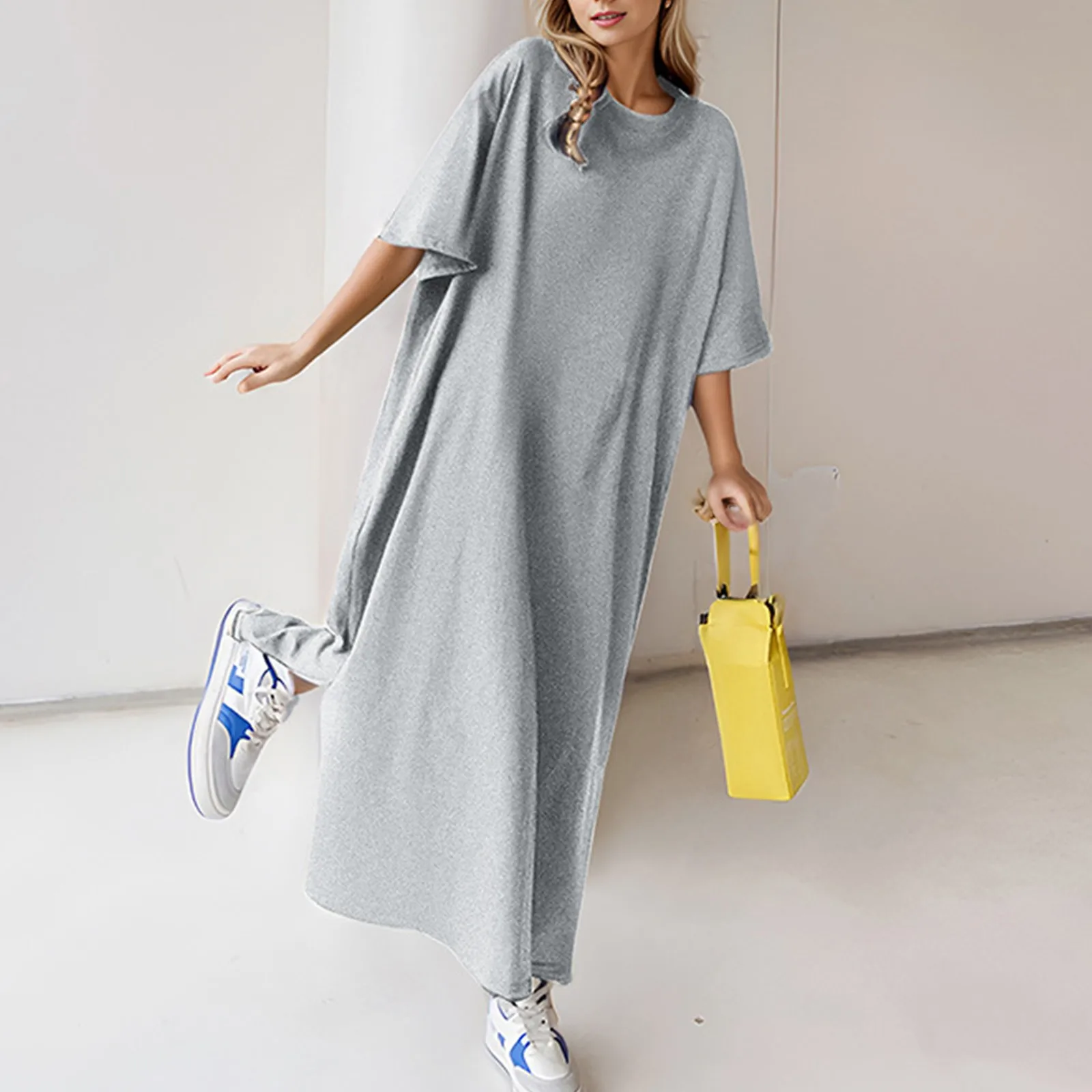 Solid Oversized T Shirt Dress For Women 2025 New Korean Fashion Split Long Maxi Dresses Summer Short Sleeve Beach Sundress 3xl