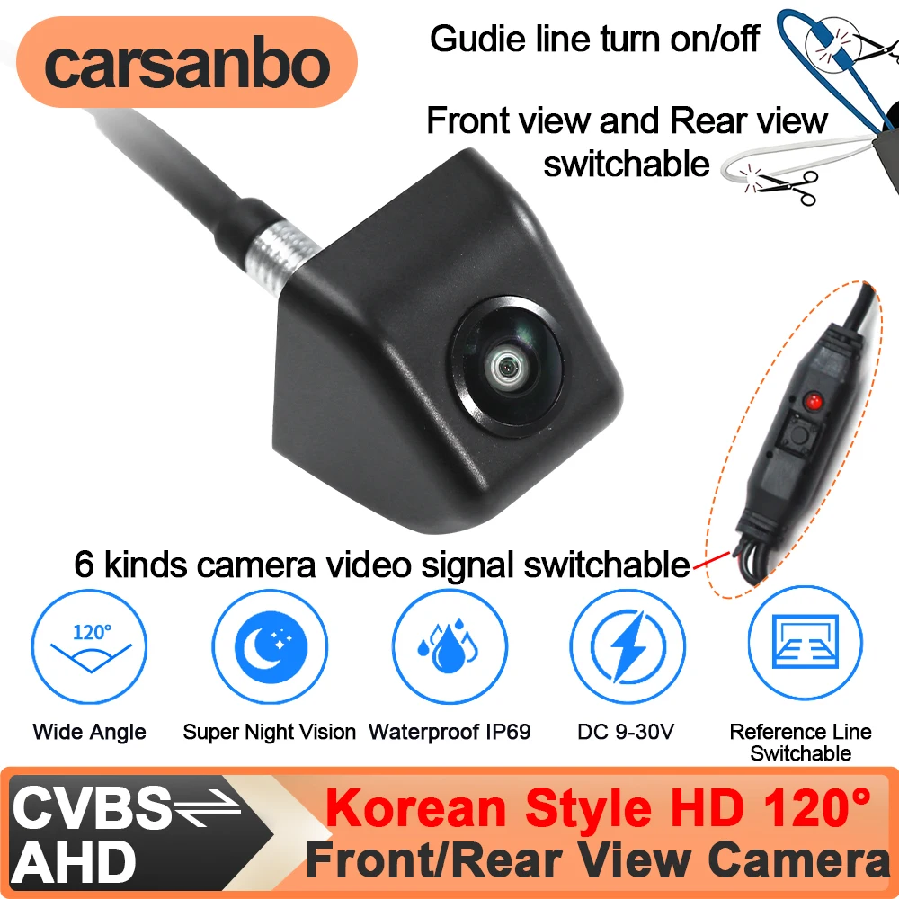 

Carsanbo Korean Style Car Rear View Backup Camera with 6 Switchable Video Signals Night Vision HD 120° Front View Camera DC9-30V