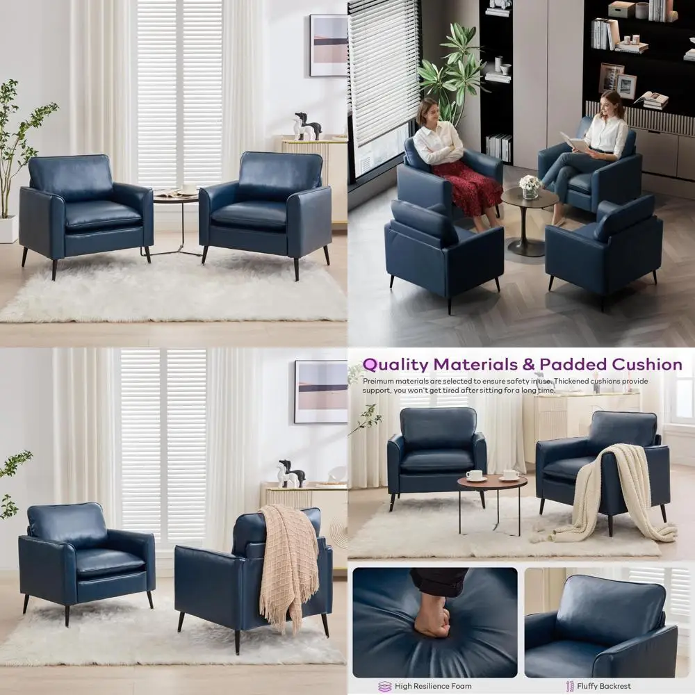 Mid Century Modern Faux Leather Accent Chairs, Set of 2, Comfortable Living Room and Office Reading Chairs